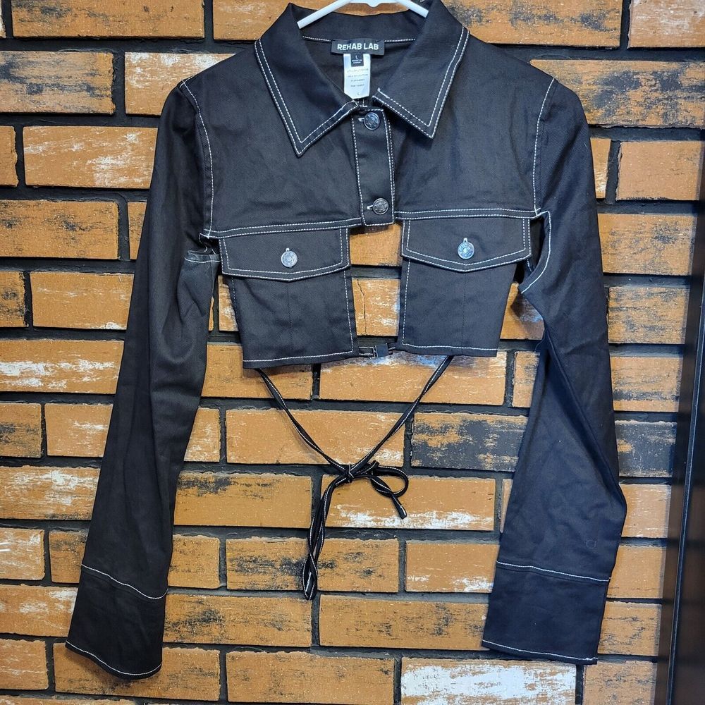 Rehab Lab Cropped Tie Behind Black Long Sleeve Shirt Goth Grunge Punk Large